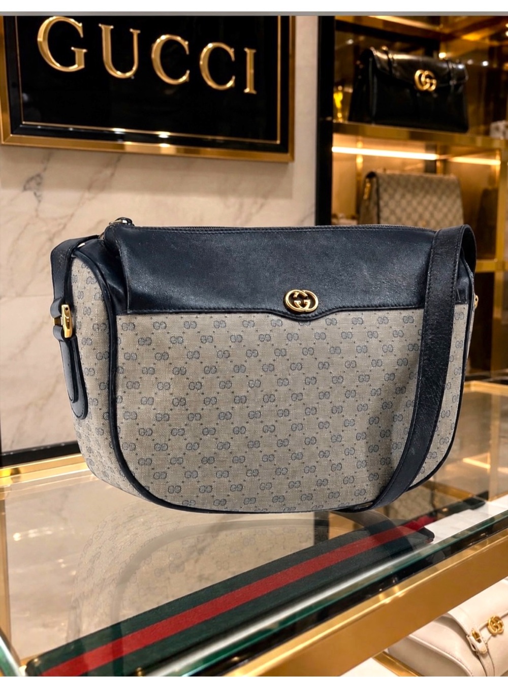 Authentic Gucci-“Luxury Doesn’t Expire”-GG Canvas Leather Bag- Navy Leather Trim